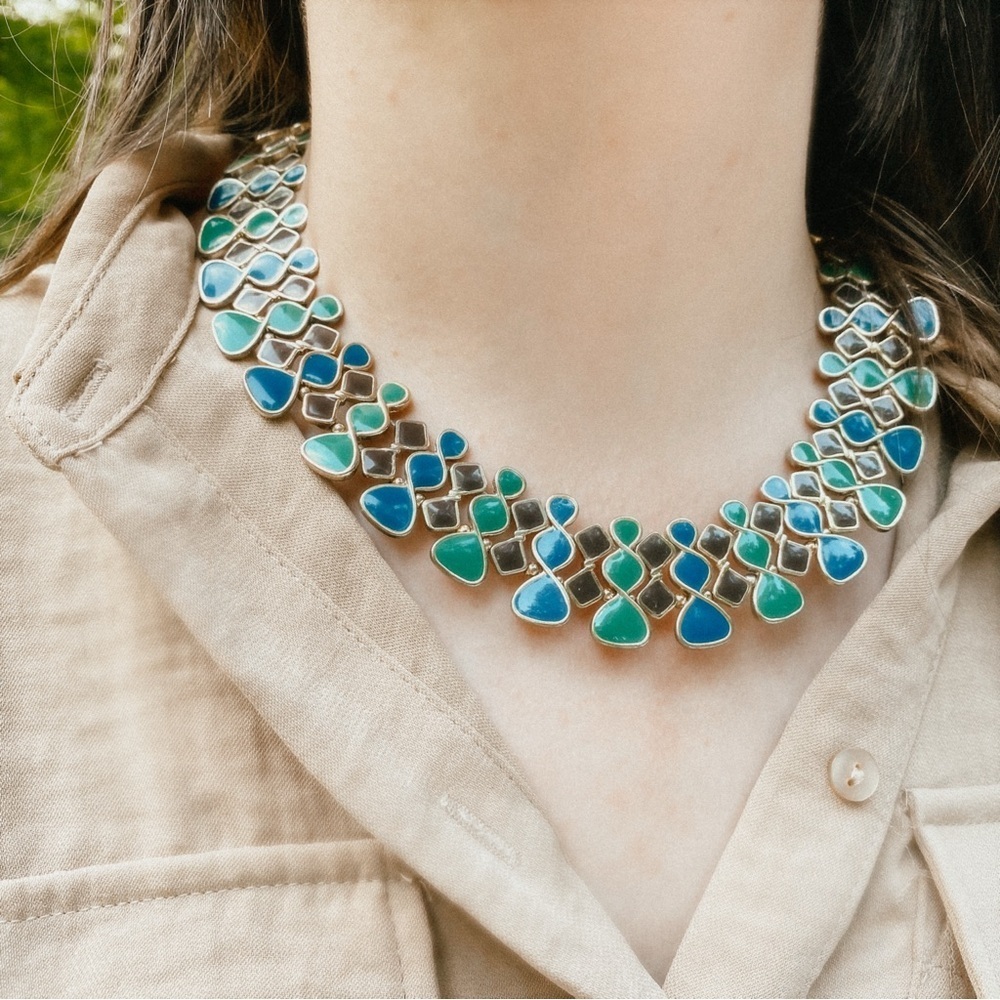 Vintage - Retro Blue and Green Enamel Chocker Necklace
